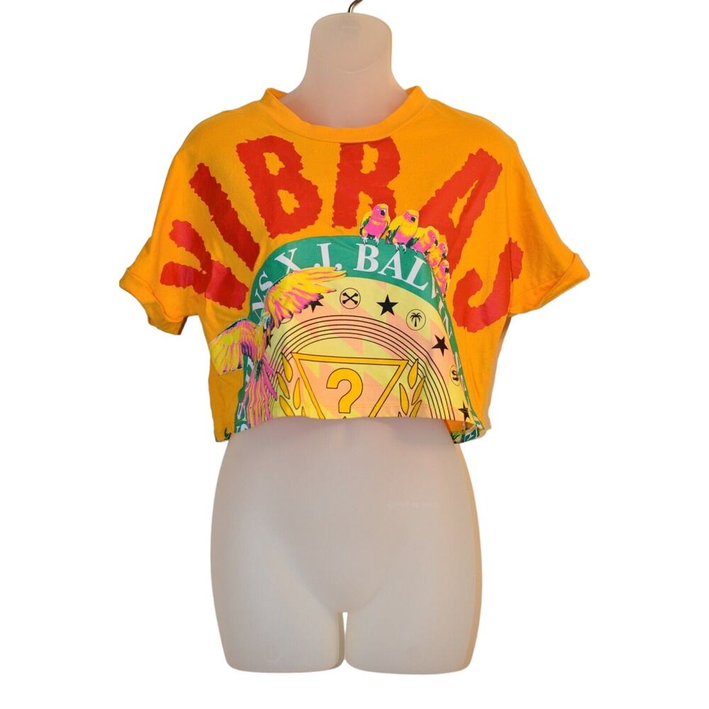 GUESS XS J. Balvin Collection VIBRAS T-Shirt Crop Top Bright Orange Yellow Rare